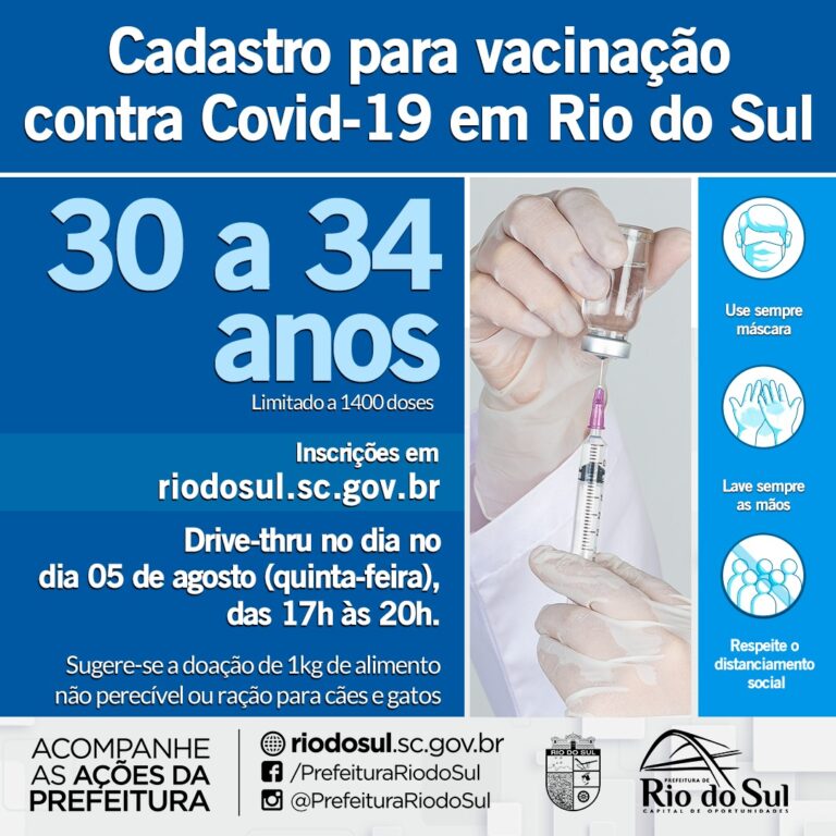 Pessoas com 30 a 34 anos já podem se vacinar em Rio do Sul